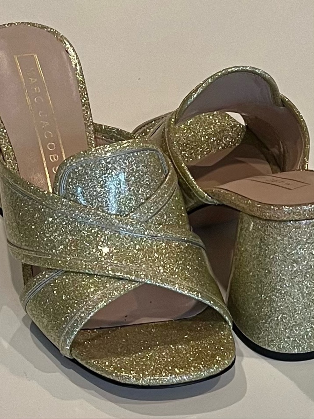Marc Jacobs Gold Glitter Crossband Unworn Mules Size 8